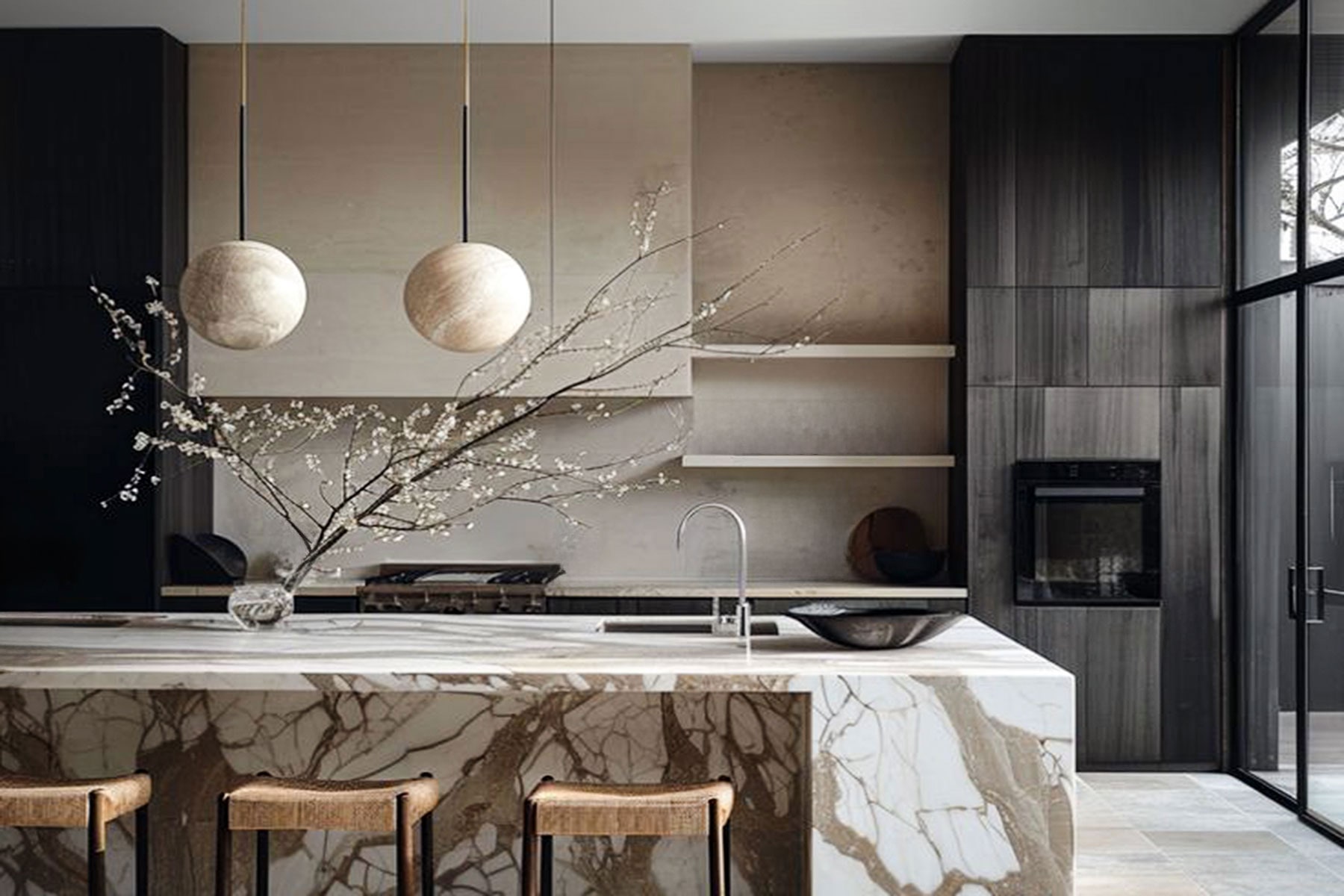 Kitchen with veined marble island, spherical pendants and dark cabinetry