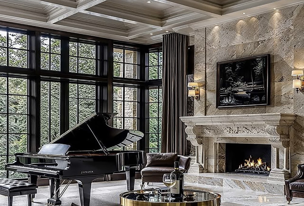 Living room with black grand piano, carved stone fireplace and tall windows
