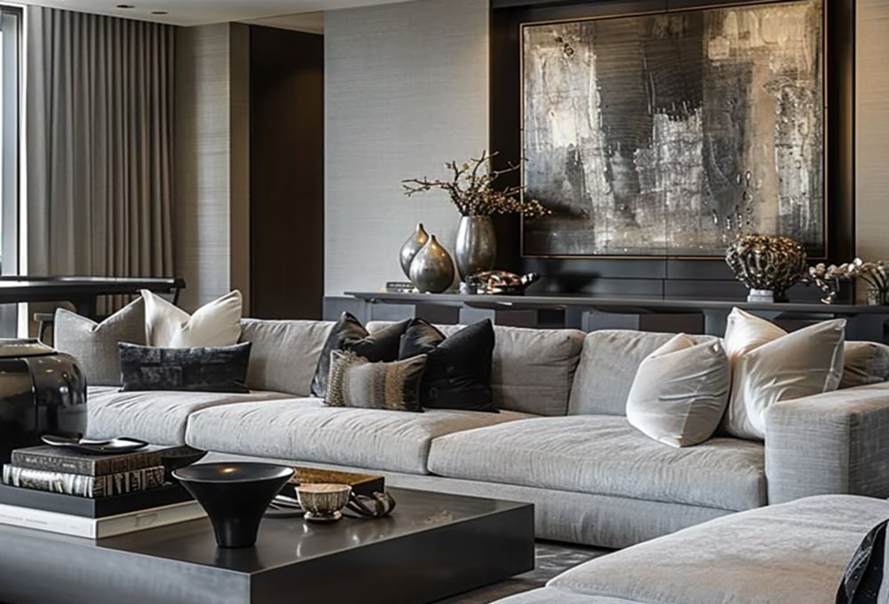 Grey living room with sectional sofa, abstract art and charcoal tables