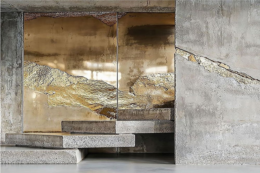 Concrete stair and gold-textured glass wall in a sculptural interior