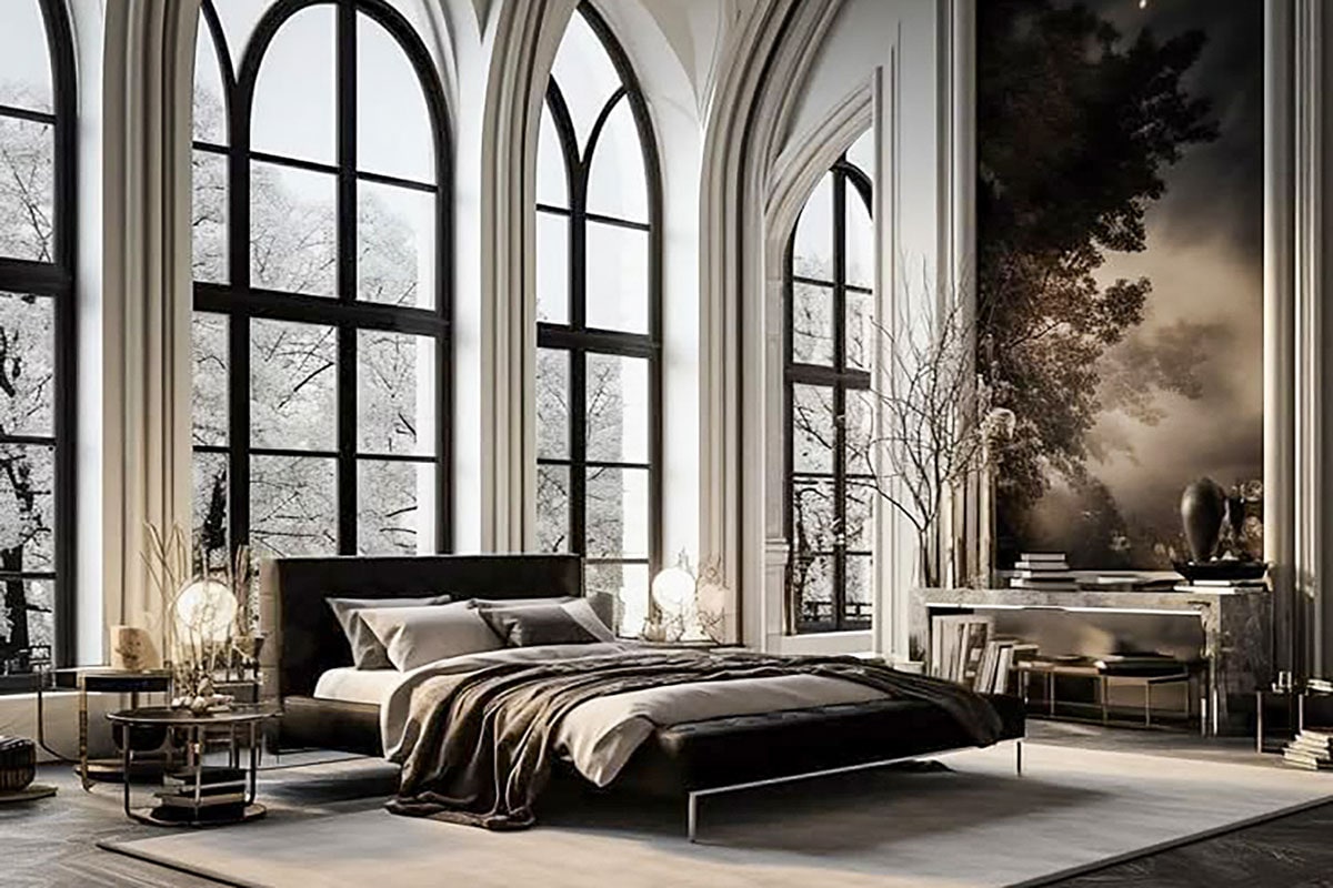 Bedroom with arched black-framed windows, low bed and landscape artwork