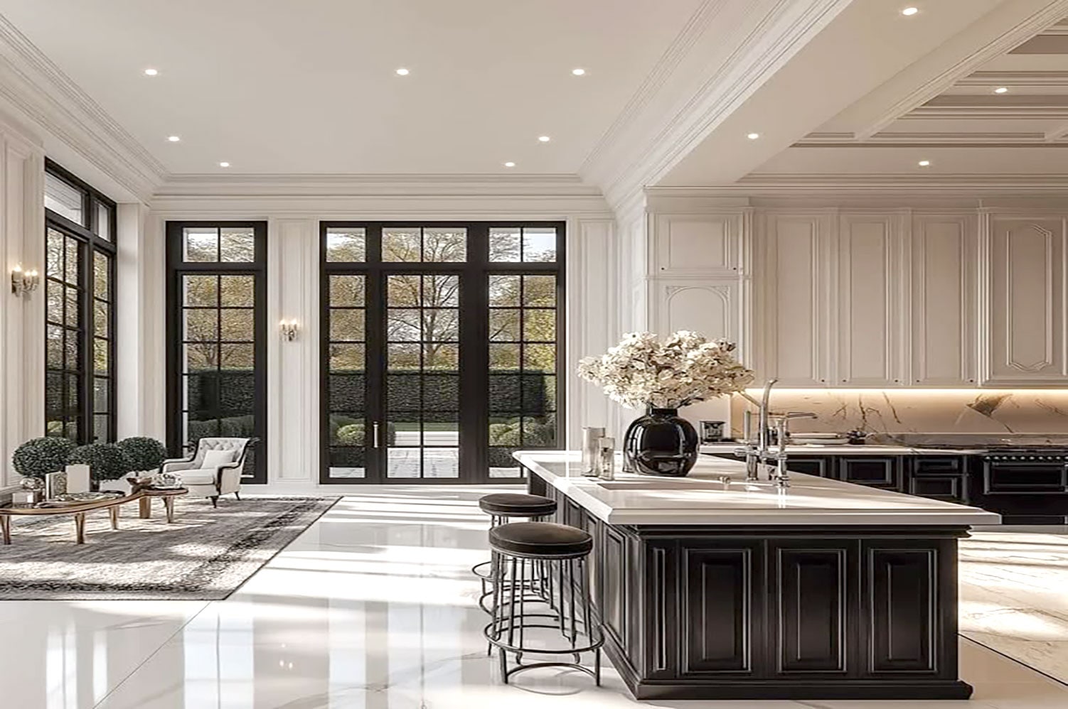 Open-plan kitchen with black island, white cabinetry and garden windows