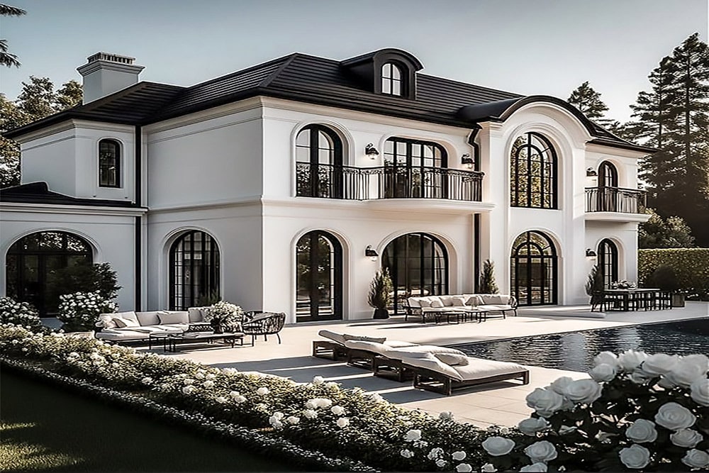 White mansion with black-framed arches, stone terrace and swimming pool