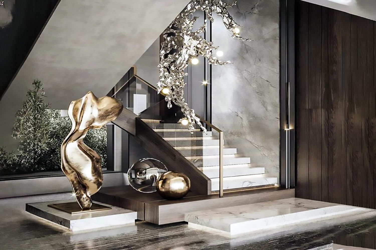 Foyer with under-lit marble stair, gold sculpture and branch chandelier