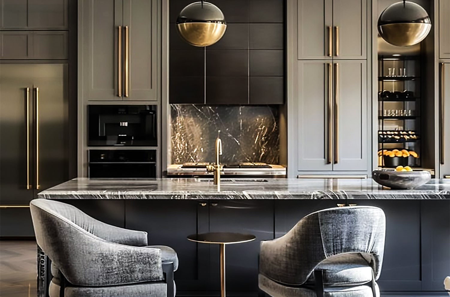 Charcoal kitchen with marble island, gold pendants and velvet chairs