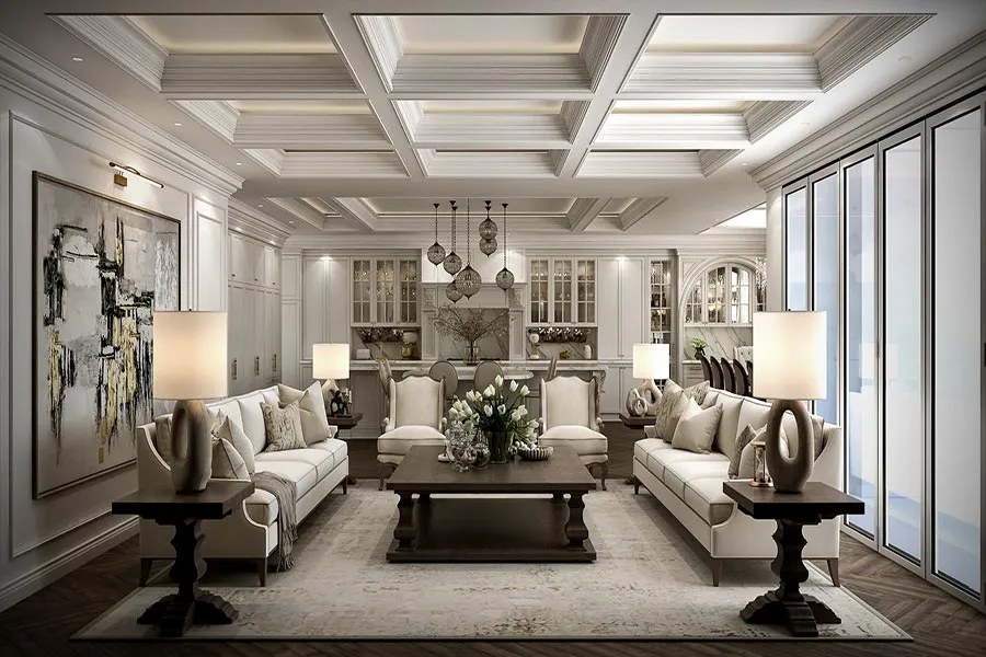 Residential interior with stone, timber and upholstered furniture