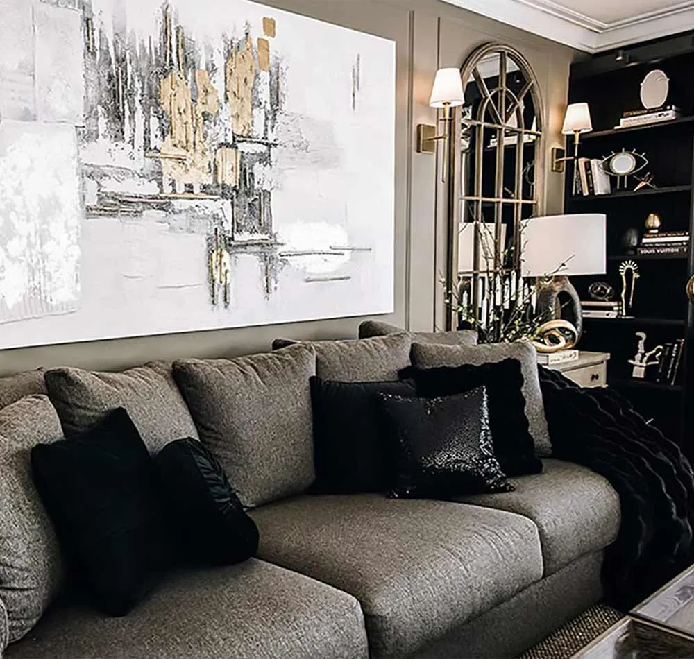 Luxury living interior with custom furnishings and warm lighting