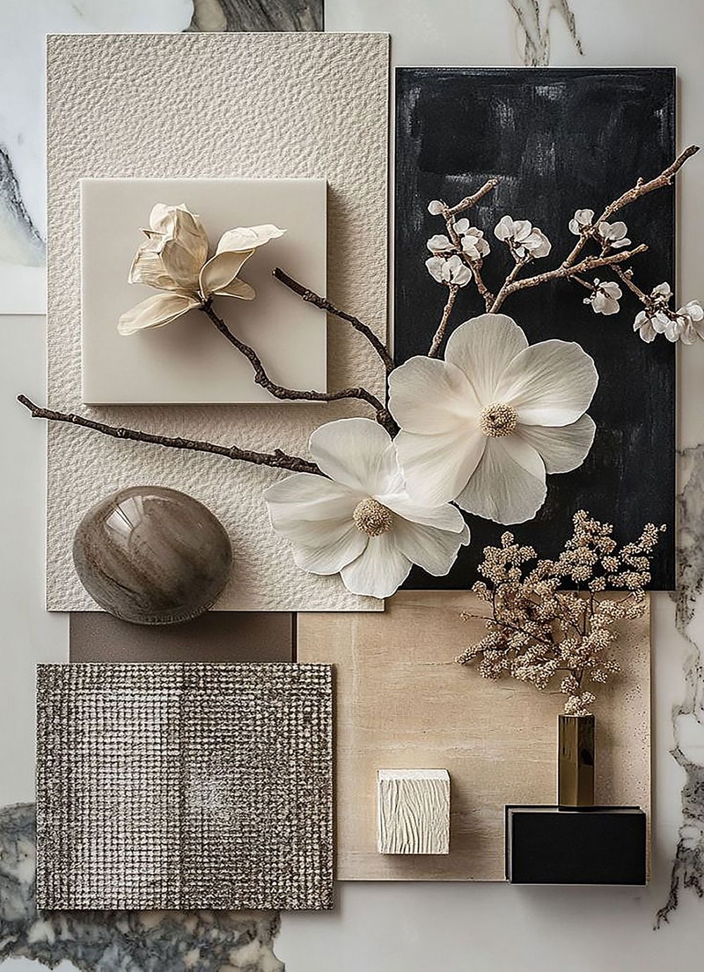 Material mood board with marble, fabric, timber and white florals