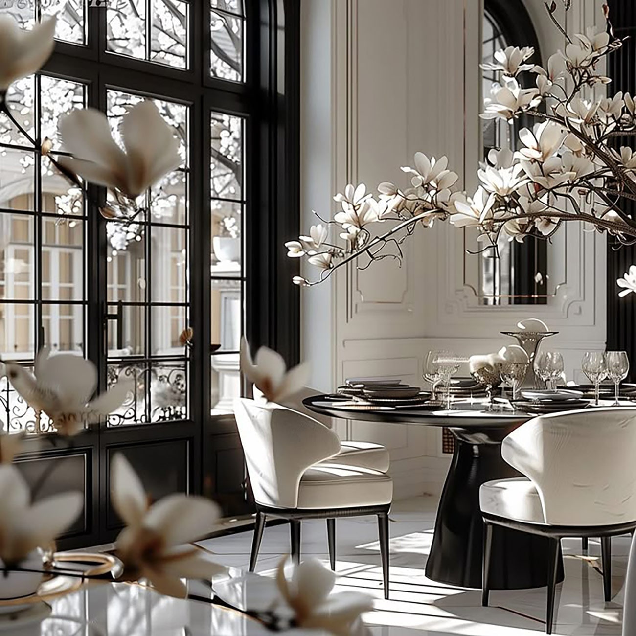 Dining room with round black table, white chairs and magnolia branches