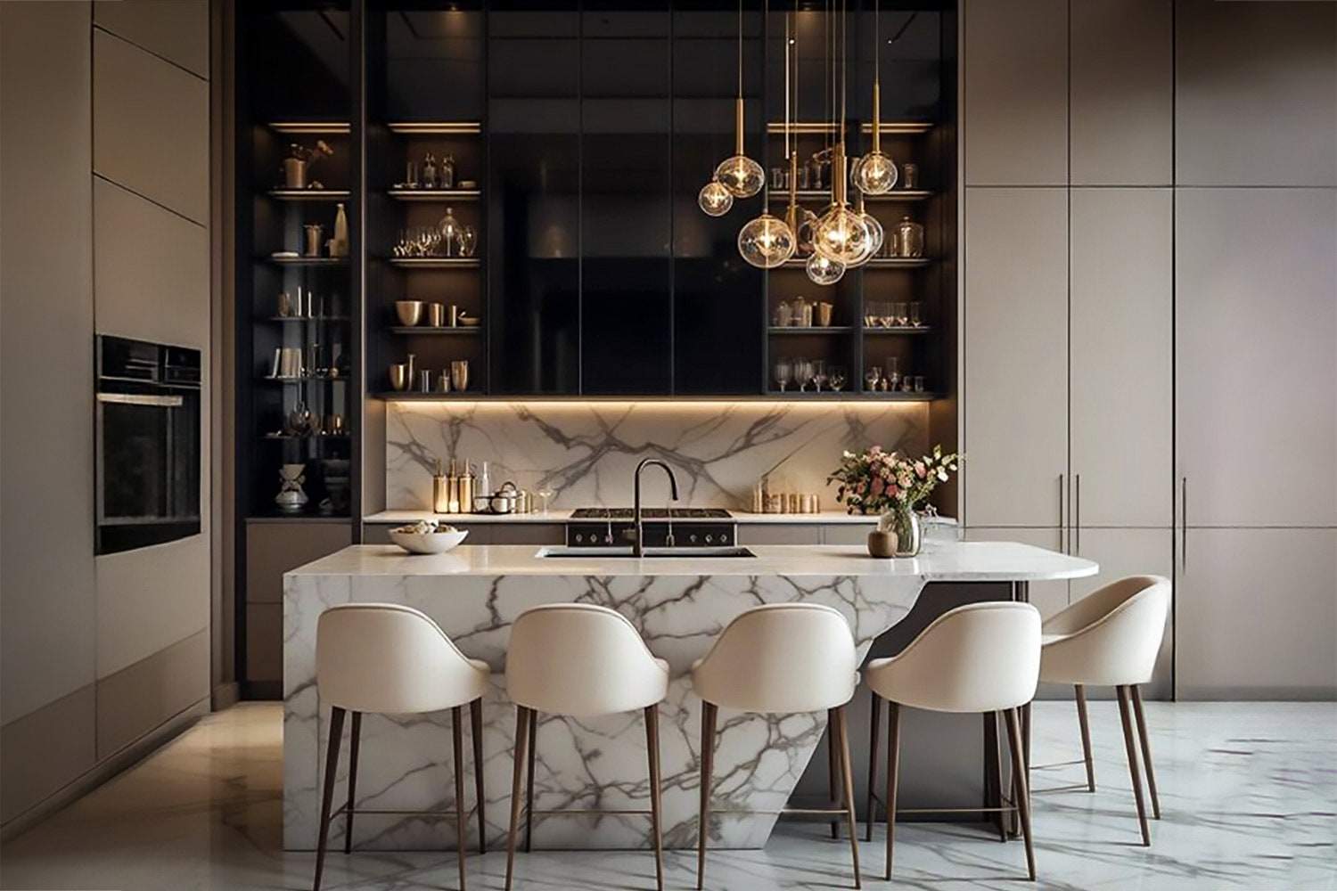 Kitchen with waterfall marble island, globe pendants and lit open shelves