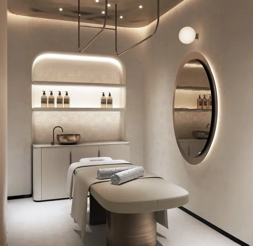 Hospitality interior with lounge seating and warm ambient lighting