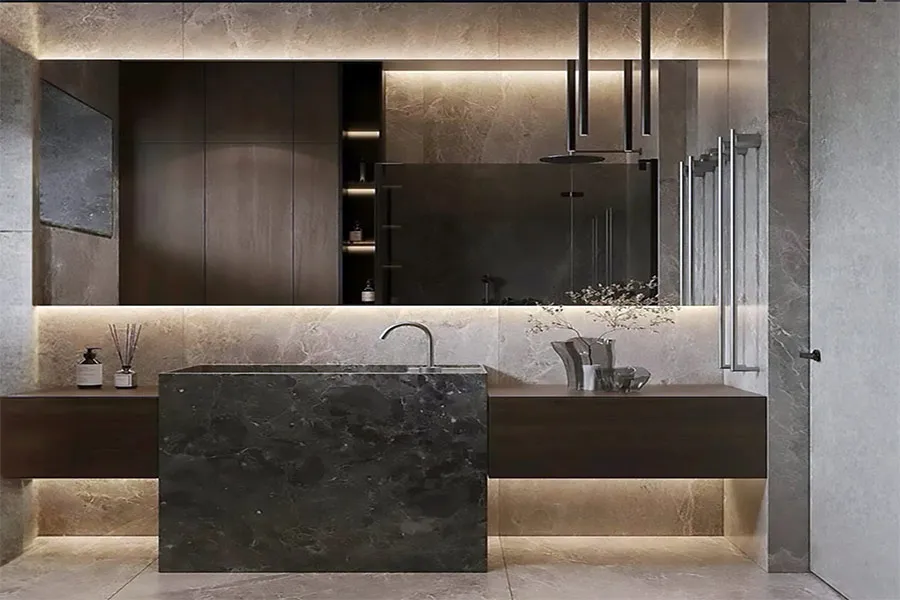 Bathroom with stone vanity and contemporary fixtures