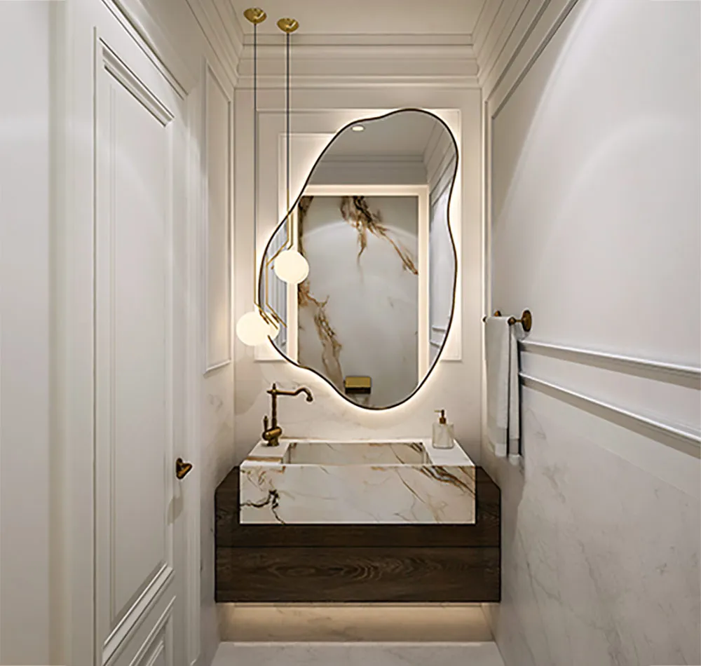 Bathroom interior with stone and metallic finishes