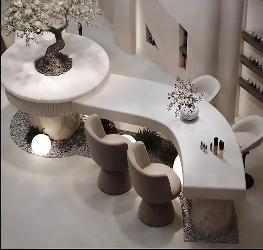 Commercial interior with stone surfaces and contemporary furniture