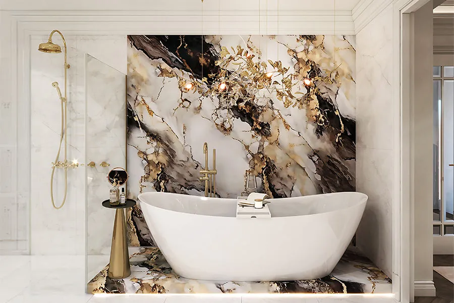 Bathroom remodel with stone vanity and refined fixtures
