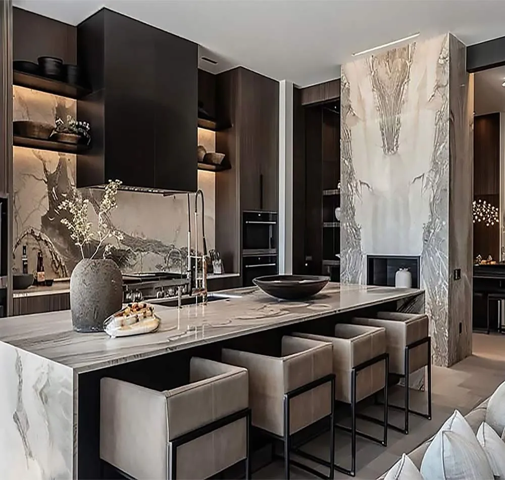 Renovated kitchen with island and integrated appliances