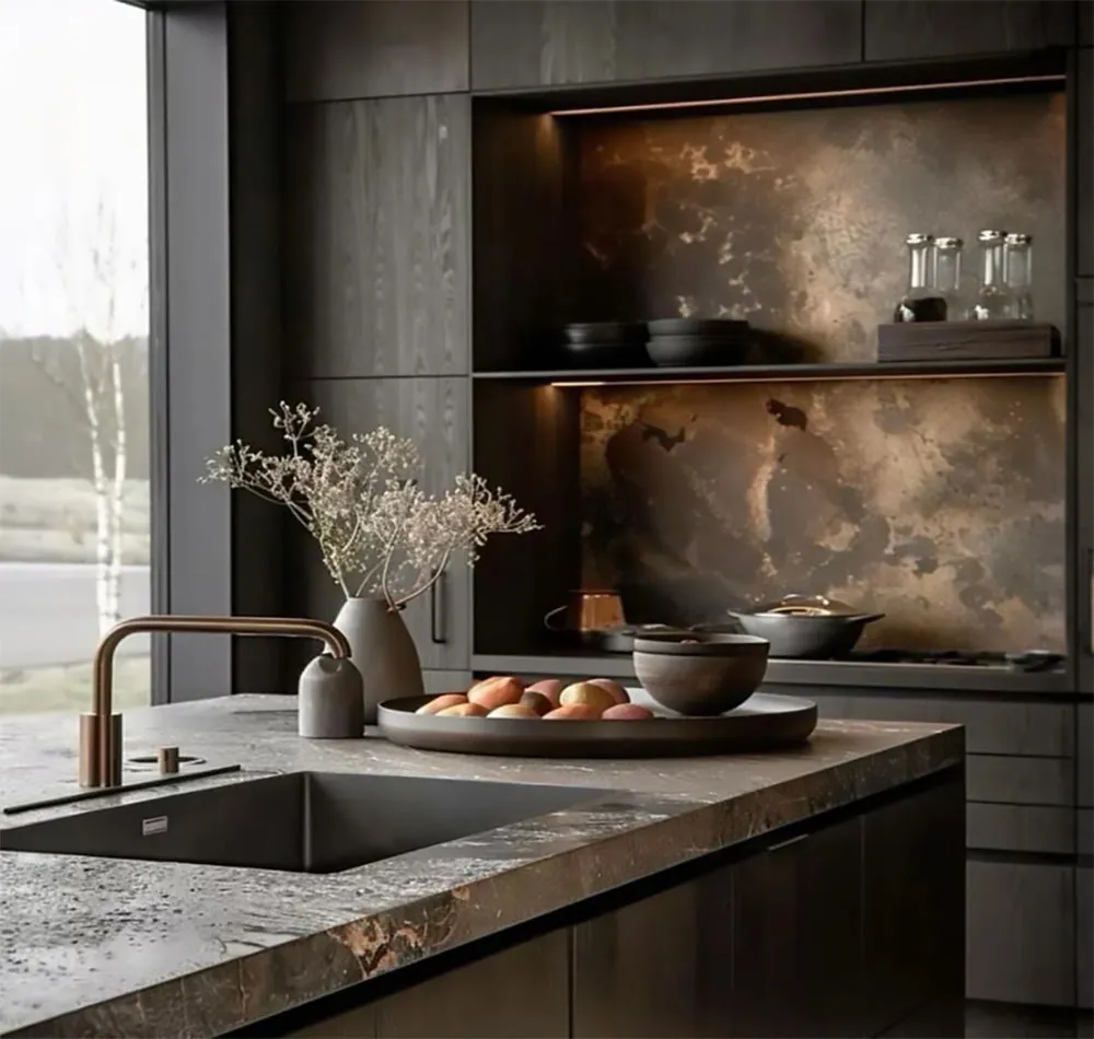 Kitchen interior with stone island and tall cabinetry