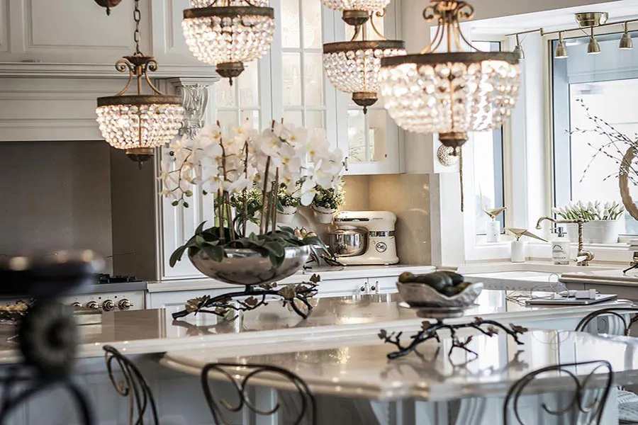High-spec kitchen with stone surfaces and custom cabinetry