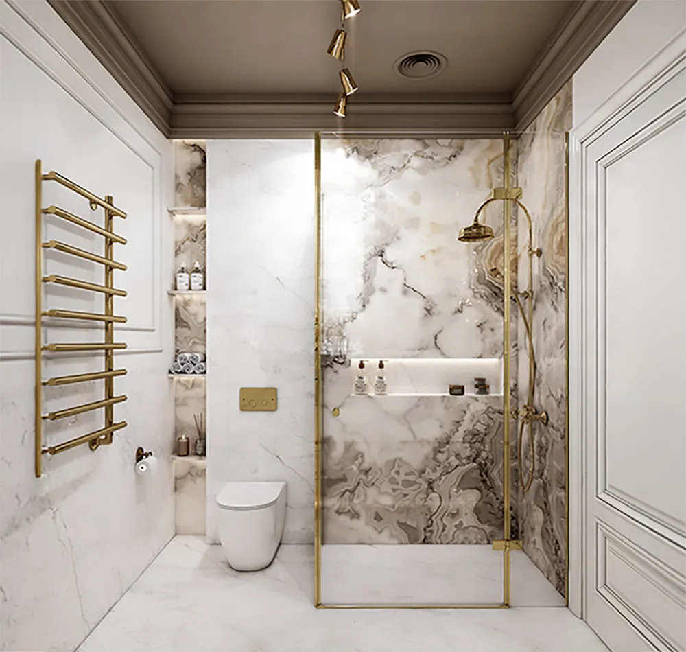Modern bathroom with clean-lined vanity and glass shower