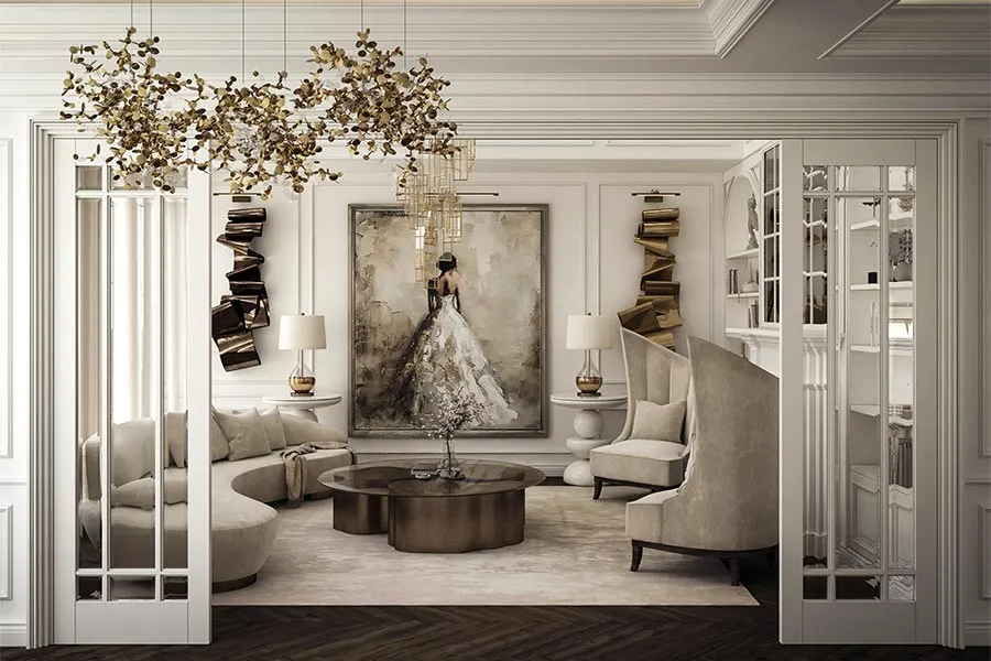 Residential living interior with tailored furniture and lighting
