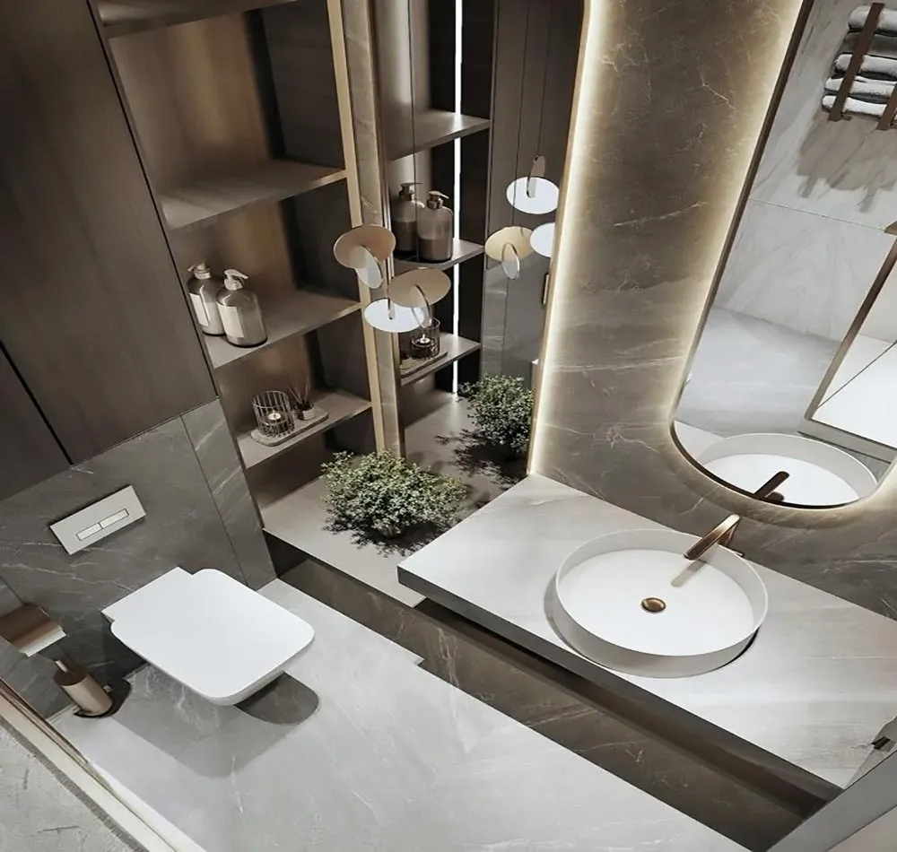 Compact bathroom with space-efficient vanity and stone finishes